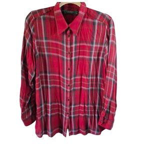 Ralph Lauren Red Plaid Blouse Womens Shirt 100% Viscose Large